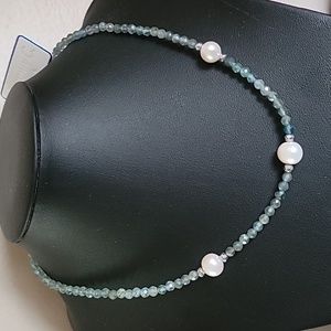 Aquamarine gemstones and genuine freshwater pearl 18" adjustable necklace. NWOT.